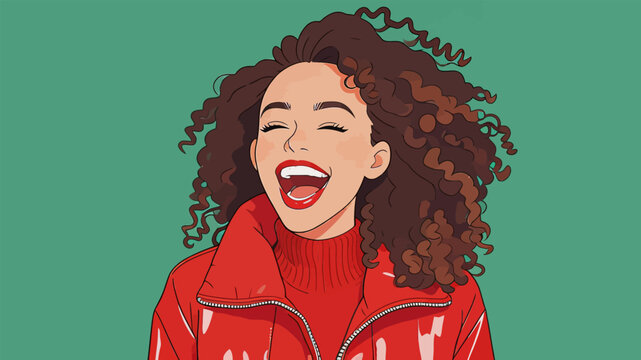 Joyful curly haired woman laughing happily in red outfit