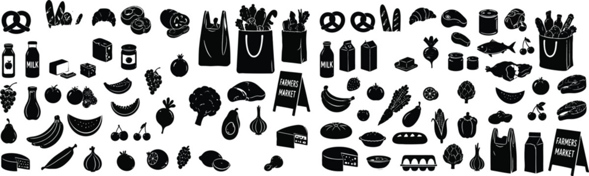 vector illustration set featuring various food items and supermarket icons in black silhouettes, often used for graphic design or game assets.