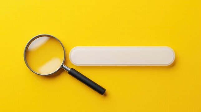 A magnifying glass sits next to a blank search bar on a vibrant yellow background for web browser UI.