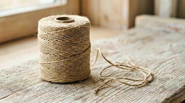 Rustic Jute Twine on Wooden Surface for Crafting and Packaging Design, Natural Texture and Background