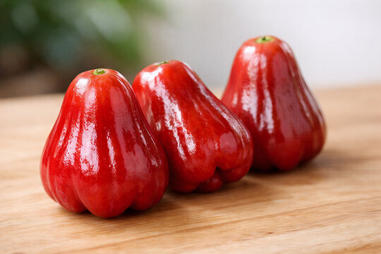 Shiny red wax apples arranged on wooden surface with soft background blur