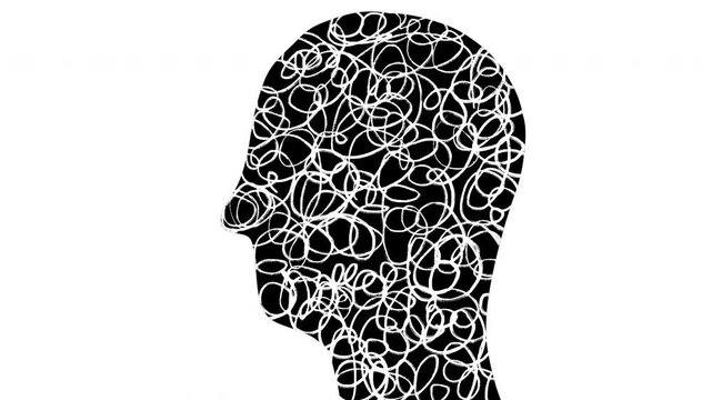 Black and white 2D animation of human head silhouette filled with chaotic, tangled mess of scribbled lines. Frame by frame motion graphic symbolically depicts mental confusion, anxiety, stress, ADHD