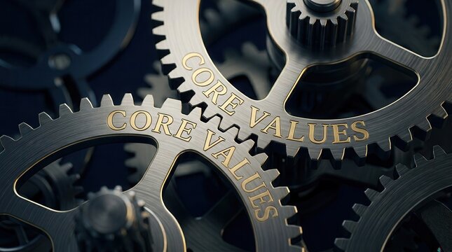 Metal gears inscribed with Core Values representing business principles and company ethics.