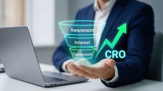 Digital marketing funnel awareness interest and conversion stages for CRO success strategy.