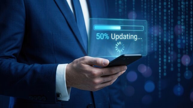 A man in a suit holds a mobile device showing a software update in progress with futuristic elements.