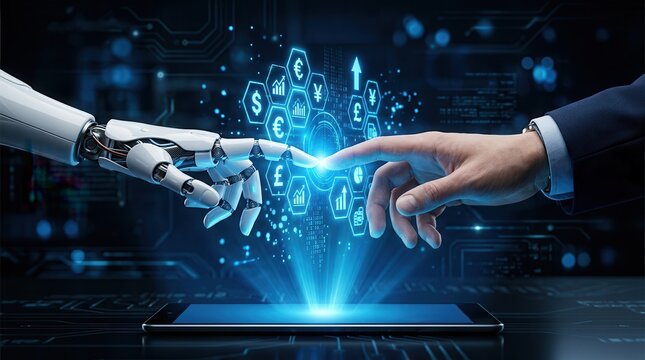 A robot hand and a human hand reach towards an interactive digital interface showing financial icons.