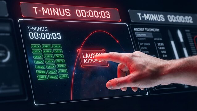 Countdown to launch hand presses button on screen displaying T-minus 000003 and rocket telemetry