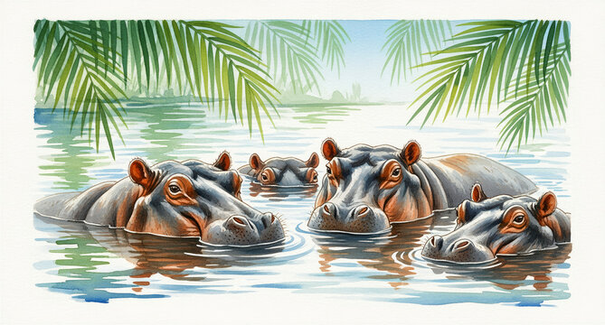 Watercolor illustration of hippos submerged in a tropical river. African wildlife scene with palm leaves and water reflections. Artistic nature concept for safari themes and books.