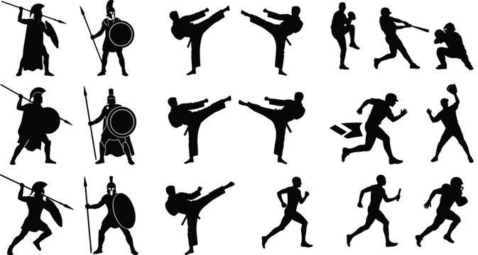 Set of sport fighters warriors and athletes silhouettes including martial arts combat and running isolated on white