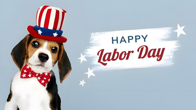 Cute beagle dog wearing Uncle Sam hat and bow tie celebrating Happy Labor Day with festive banner