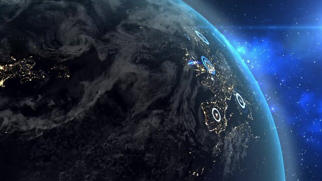 Global Network Connection Lines. Network Data Transfer Over Earth. AI Technology, 6G, Satellite Communication, Internet Connectivity, Big Data Transfer Video