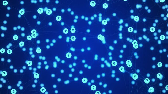Abstract Blue Fintech Network with Rupee Icons and Connected Data Nodes, Digital Payment Technology Background Loop