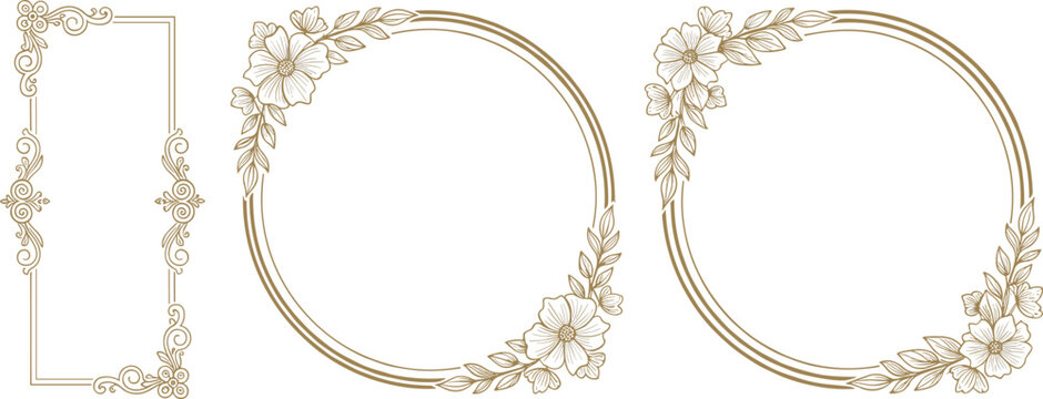 Elegant floral frame borders set decorative gold line wreaths and rectangle ornament vector illustration for wedding invitation and luxury design