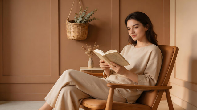 Woman reading book in cozy chair