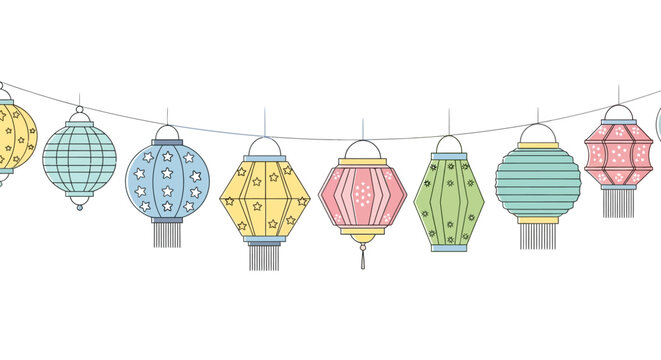 Colorful lanterns hanging in row.