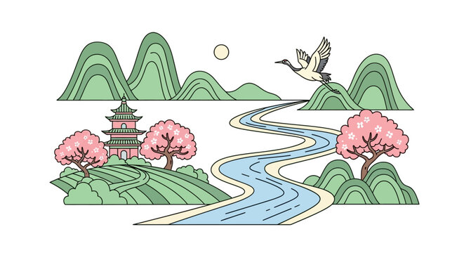 Chinese pagoda by winding river landscape.