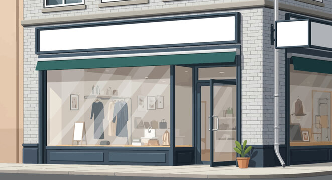 Vector illustration of a clothing storefront with a green awning and white brick facade