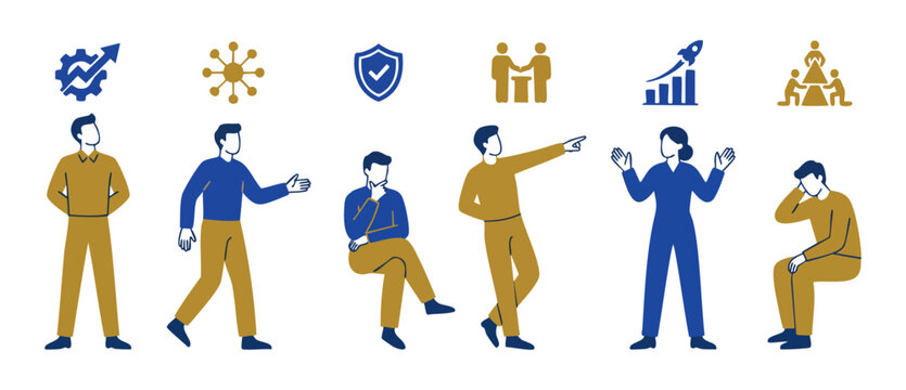 Business People Set with Growth Icons, Strategy and Teamwork Concepts, Minimalist Vector Illustration of Professional Employees Working Together, Corporate Planning, Leadership and Collaboration Style