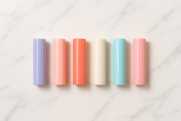 Obraz premium Assorted lip balms arranged in a row on a marble surface