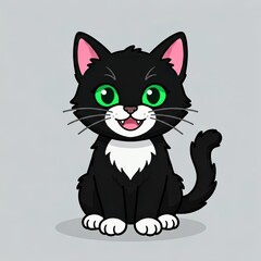 Fototapeta premium Black and White Cartoon Cat with Green Eyes Sitting Happily
