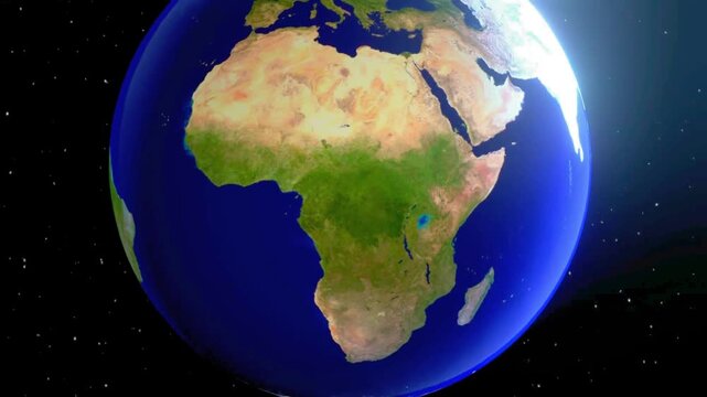 Realistic 3D Earth Rotation Zooming into the African Continent Against a Starry Space Background
