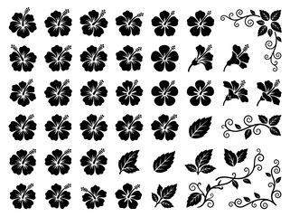 Hibiscus Flower Silhouettes and Tropical Floral Design Elements Set © Tika