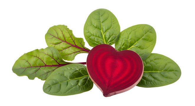 heart shaped red beet slice with fresh green leaves isolated on white background