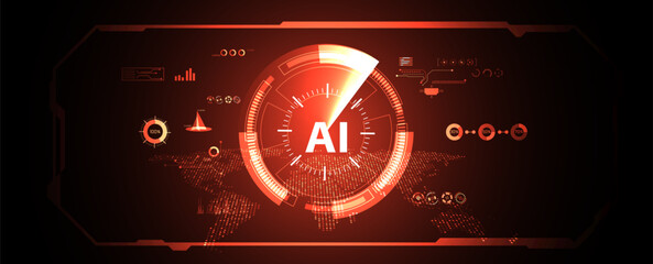 AI artificial intelligence analytics on red world map HUD interface. Vector global data and technology concept. © Tex vector