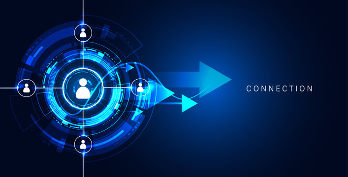 Digital connection vector concept with people icons and large blue arrows. Human resources and global teamwork strategy.