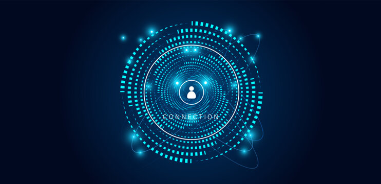 Digital connection vector with person icon on circular HUD interface. Social media and user networking concept.
