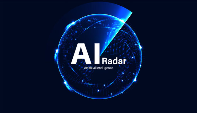 AI artificial intelligence radar concept with glowing world globe on blue background. Vector digital technology.