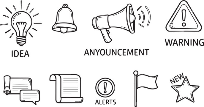 Hand drawn business notification icons, set of 9 black and white doodle elements, announcement and warning symbols for marketing and web design