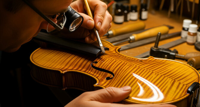 Luthier applying varnish to a handmade violin using a fine brush. Skilled craftsman works in a workshop with traditional tools. Artisan restoration and music education marketing concept.