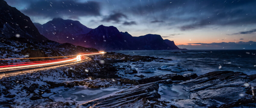 Cinematic Winter Road with Long‑Exposure Light Trails