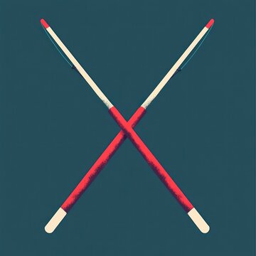 Two crossed thin objects against a dark background, red and white
