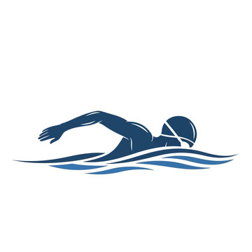 Silhouette swimmer performing freestyle stroke in blue water waves, sports icon