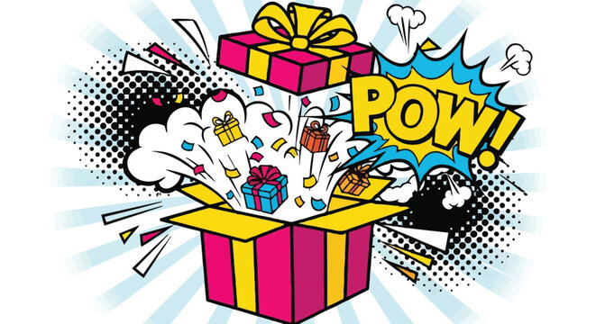 Colorful comic style illustration of gifts exploding out of a box with a pow effect