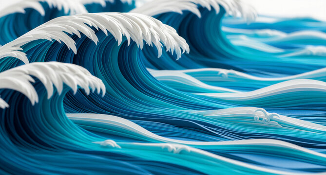 Stylized 3D paper cut ocean waves in blue and white. Layered papercraft representation of a rolling sea with foam. Conceptual nature background ideal for eco-friendly or aquatic design themes.