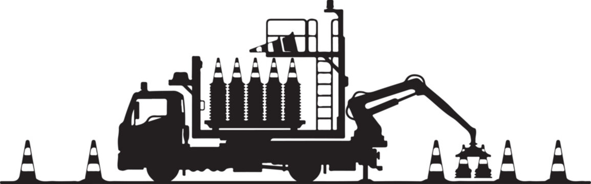 Construction truck, roadwork vehicle, traffic cones, black silhouette, industrial equipment