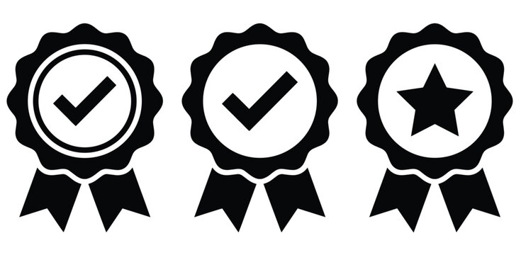 Quality assurance and corporate certification icon collection in flat black, verified status, approval, guarantee, and star