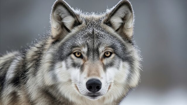 Animal - Gray Wolf Close Up Portrait with Snow Dusted Fur and Intense Golden Eyes in Winter