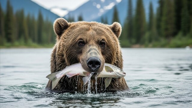 Animal - Grizzly Bear Catching Fresh Salmon in Mountain River Surrounded by Evergreen Forest and Snowy Peaks