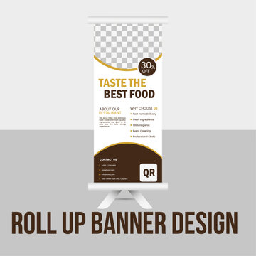 Luxury Restaurant Roll-up Banner Design with Golden Ribbon and Special Offer Badge
