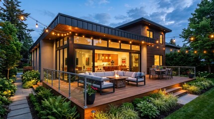 Obraz premium Modern house with large deck and outdoor seating area, backyard patio, evening exterior
