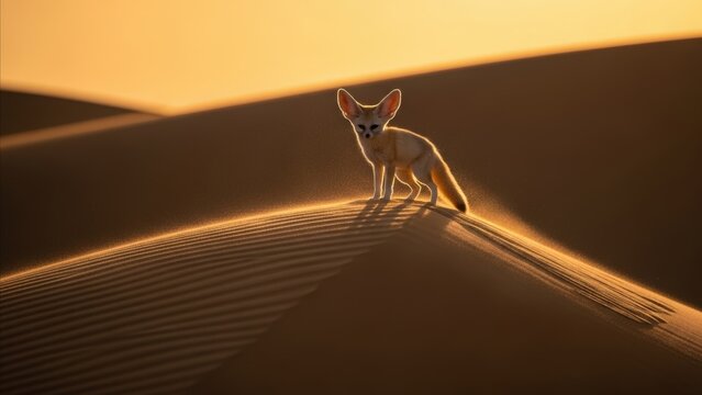 Animal - Fennec Fox Standing on Golden Sand Dune Ridge at Sunset in Sahara Desert Warm Light