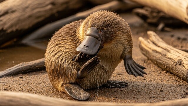 Animal - Fluffy Platypus Grooming Itself on Sandy Riverbank Beside Driftwood in Warm Natural Light