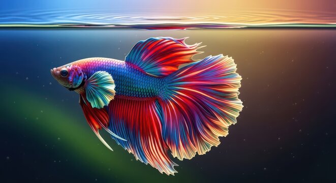 Vibrant multicolored betta fish swimming underwater with colorful fins and scales