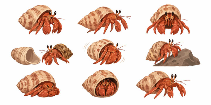Several hermit crabs are crawling on and around their shells on the beach.