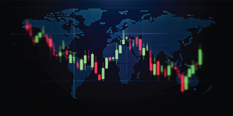 A silhouette of a global business team in suits stands before an international city map and binary code vector illustration featuring a successful stock market graph and finance chart © Nirob