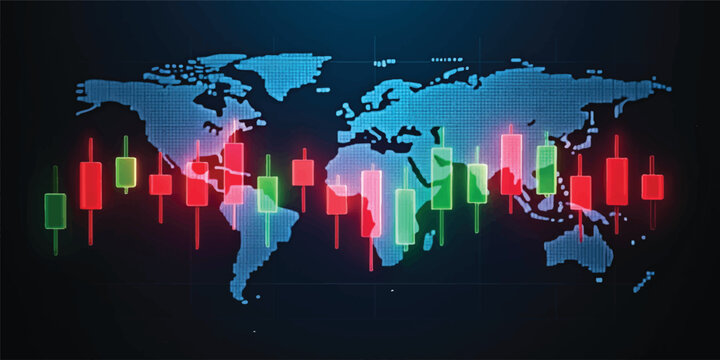 A global business network concept illustration featuring a world map with binary code on a red background connecting Earth&rsquo;s continents through digital technology and internet communication